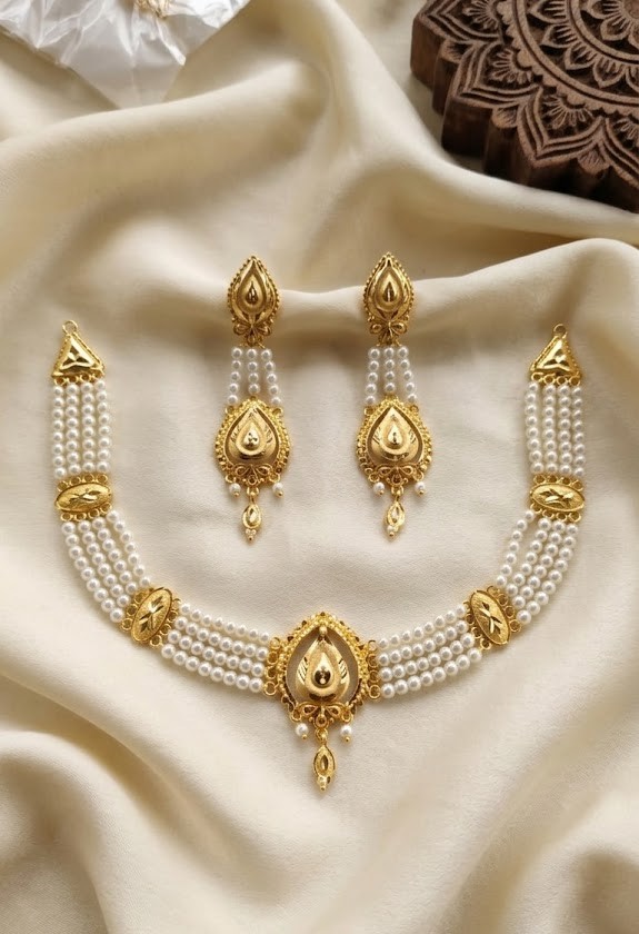 Gold Plated Pearl Choker Necklace Set with Matching Long Earrings for Women | Traditional Bridal Jewelry Set